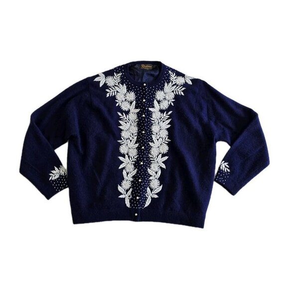 Rainbowear Sweaters - Vtg Embellished Beaded 1960s Cardigan Womens 44 L Blue Lined Floral Art To Wear